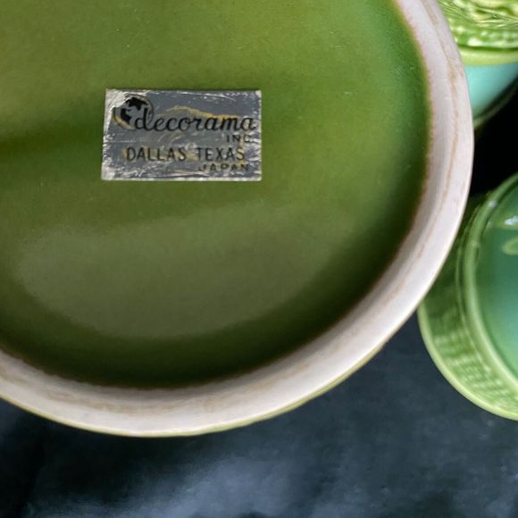 Pair Vintage Green Coffee Mugs and Creamer 1960-70's Decorama Japan - Picture 3 of 6